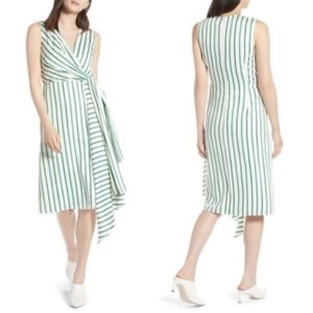 Halogen Draped Faux Wrap Stripped Green Dress XS